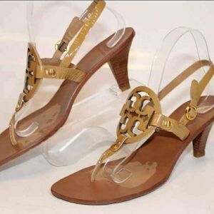Tory Burch Designer Holly Tan Patent Leather Slingback Sandals Kitten Heels 9.5
